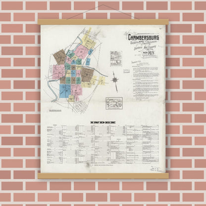 Old map wall art mockup — magnetic wood frame on brick wall — Sanborn Fire Insurance Map from Chambersburg, Franklin County, Pennsylvania (1924), Sheet #0001