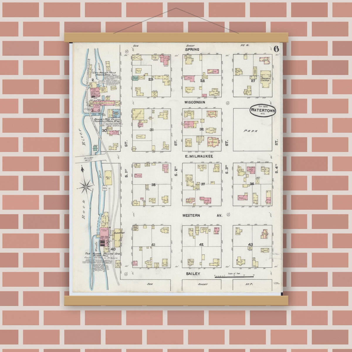 Old map wall art mockup — magnetic wood frame on brick wall — Sanborn Fire Insurance Map from Watertown, Jefferson County, Wisconsin (1890), Sheet #0006