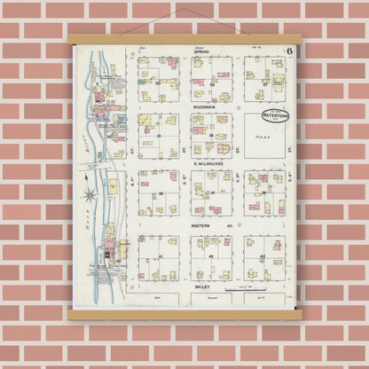 Old map wall art mockup — magnetic wood frame on brick wall — Sanborn Fire Insurance Map from Watertown, Jefferson County, Wisconsin (1890), Sheet #0006