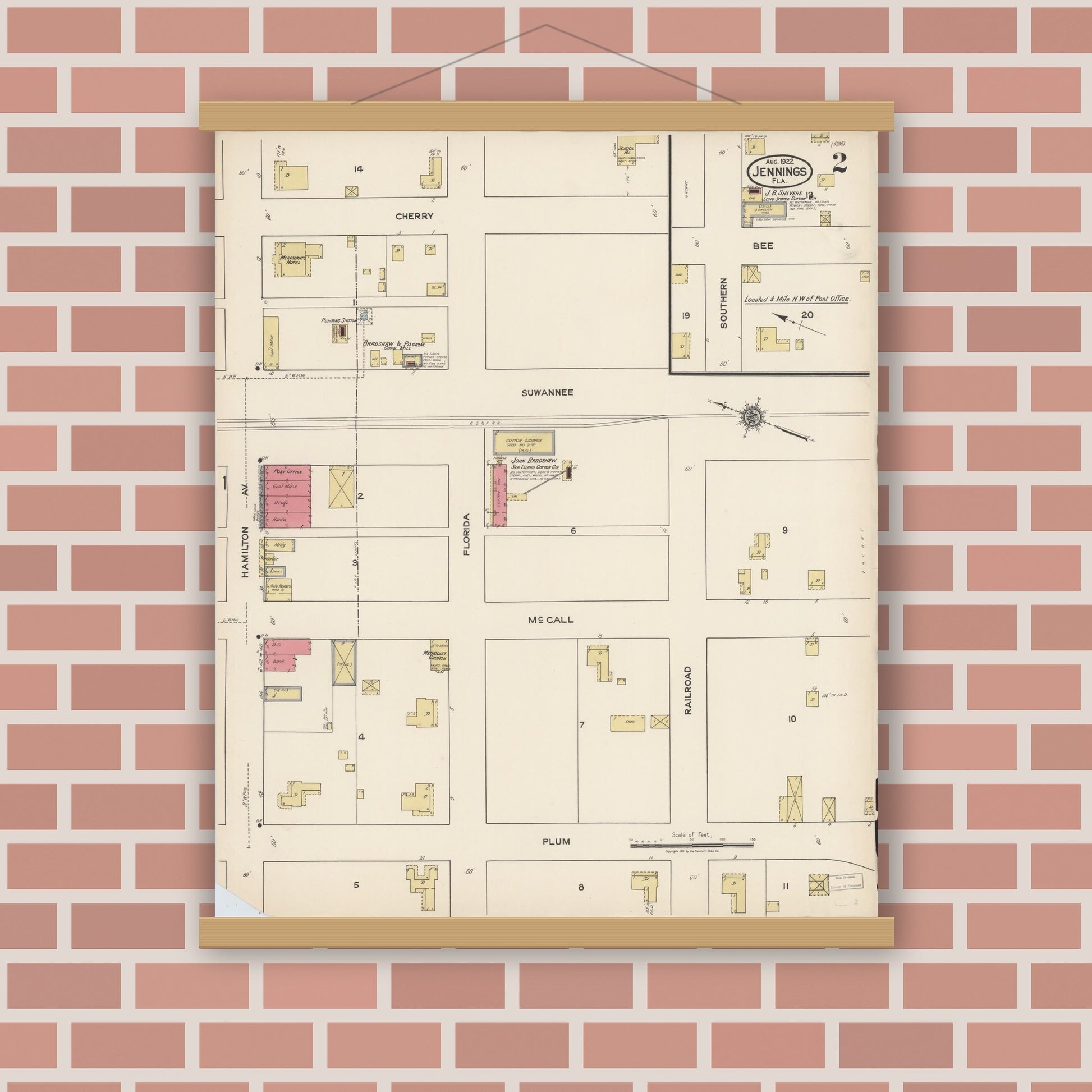 Old map wall art mockup — magnetic wood frame on brick wall — Sanborn Fire Insurance Map from Jennings, Hamilton County, Florida (1922), Sheet #0002