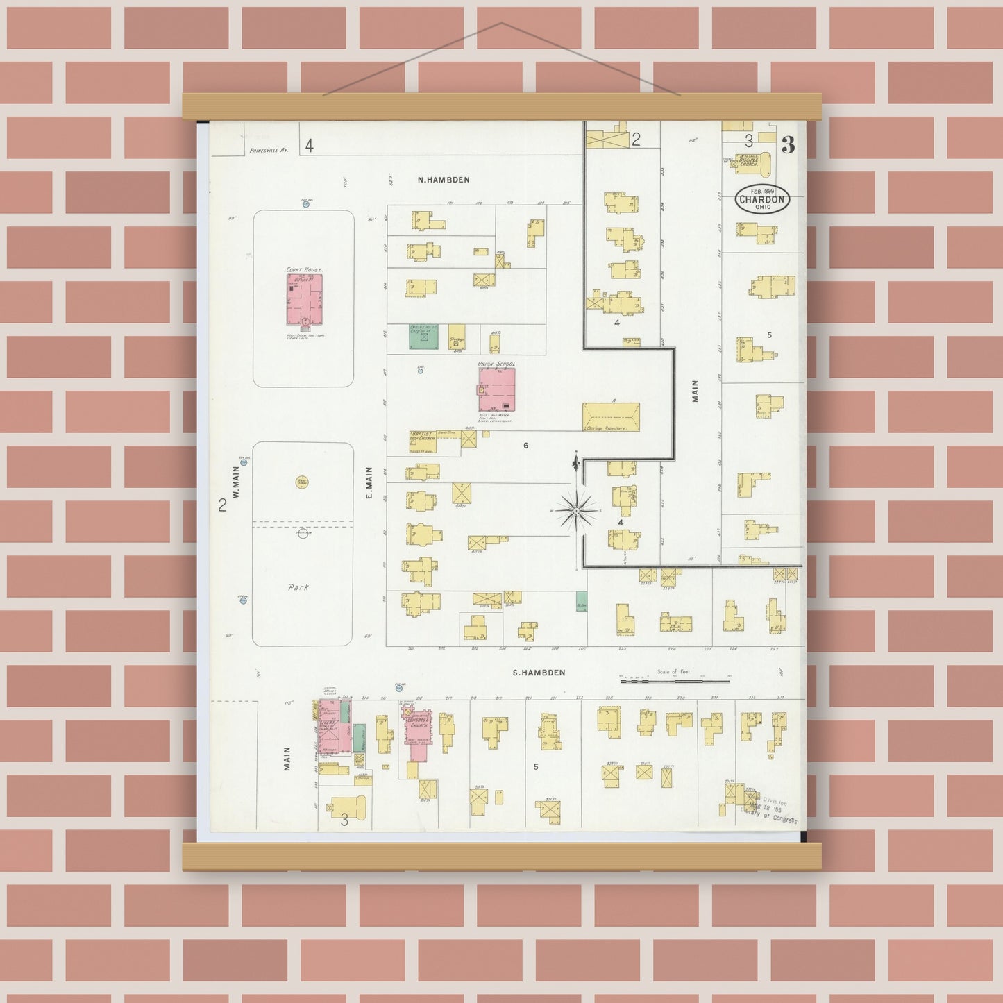 Old map wall art mockup — magnetic wood frame on brick wall — Sanborn Fire Insurance Map from Chardon, Geauga County, Ohio (1899), Sheet #0003