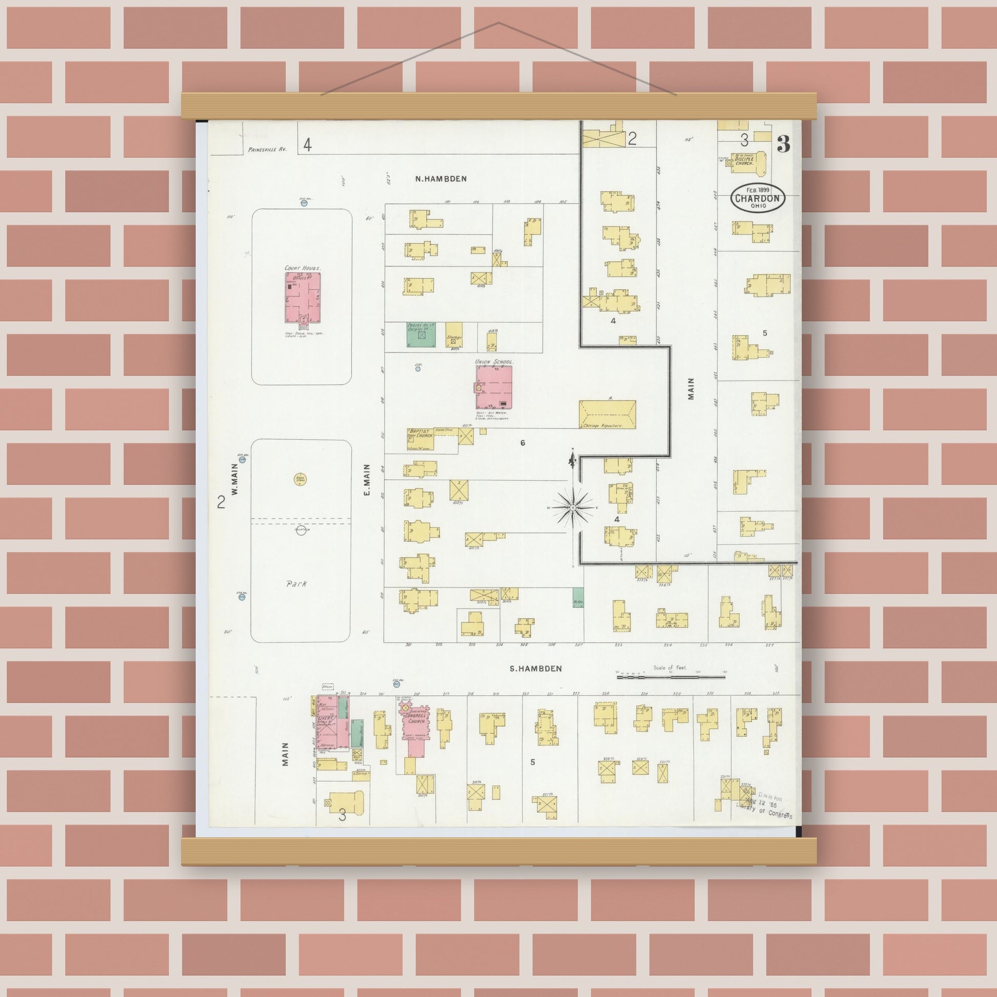 Old map wall art mockup — magnetic wood frame on brick wall — Sanborn Fire Insurance Map from Chardon, Geauga County, Ohio (1899), Sheet #0003