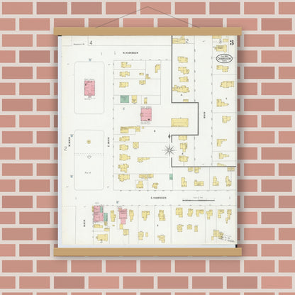 Old map wall art mockup — magnetic wood frame on brick wall — Sanborn Fire Insurance Map from Chardon, Geauga County, Ohio (1899), Sheet #0003