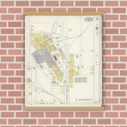 Old map wall art mockup — magnetic wood frame on brick wall — Sanborn Fire Insurance Map from Cambridge, Guernsey County, Ohio (1915), Sheet #0002