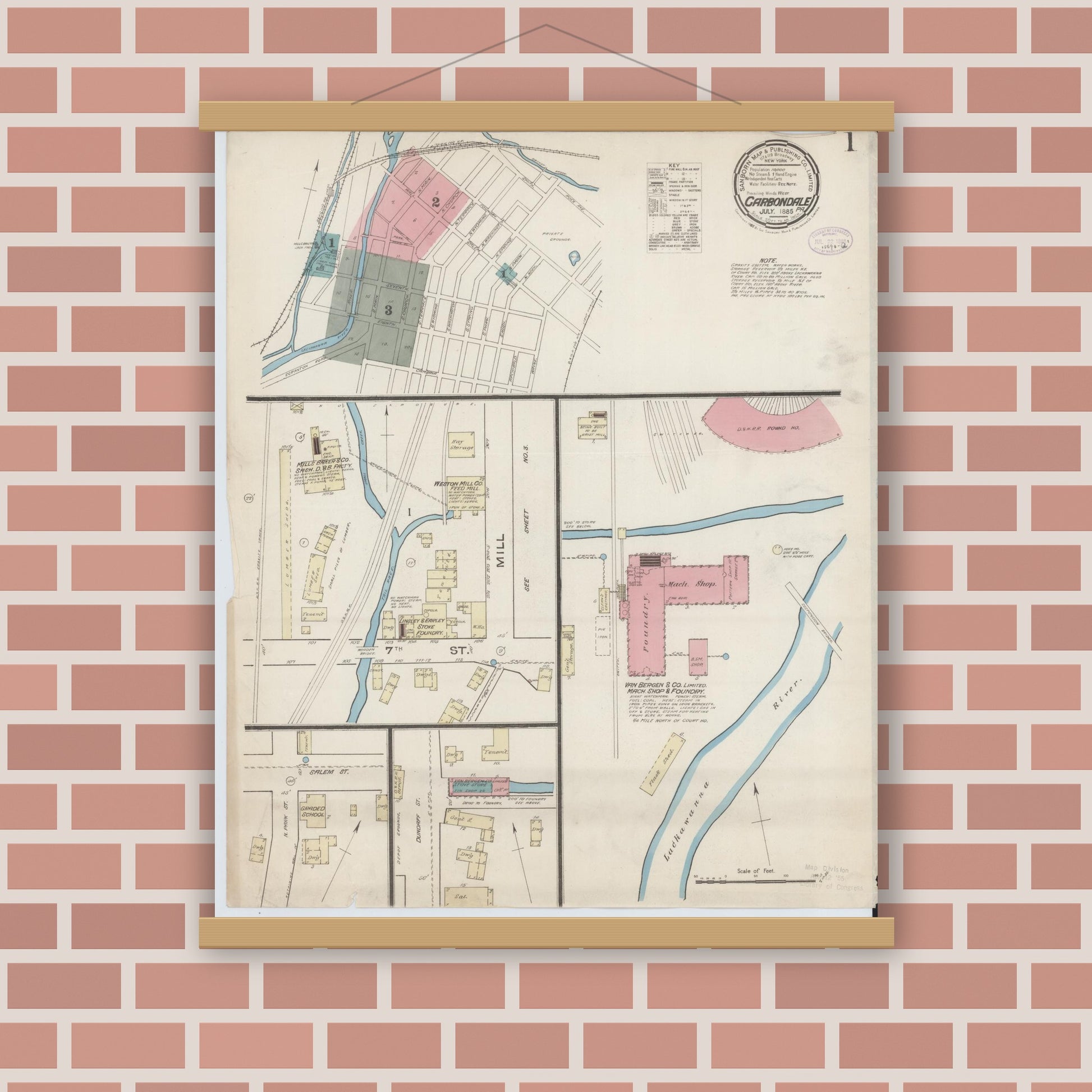 Old map wall art mockup — magnetic wood frame on brick wall — Sanborn Fire Insurance Map from Carbondale, Lackawanna County, Pennsylvania (1885) - Complete Map Set