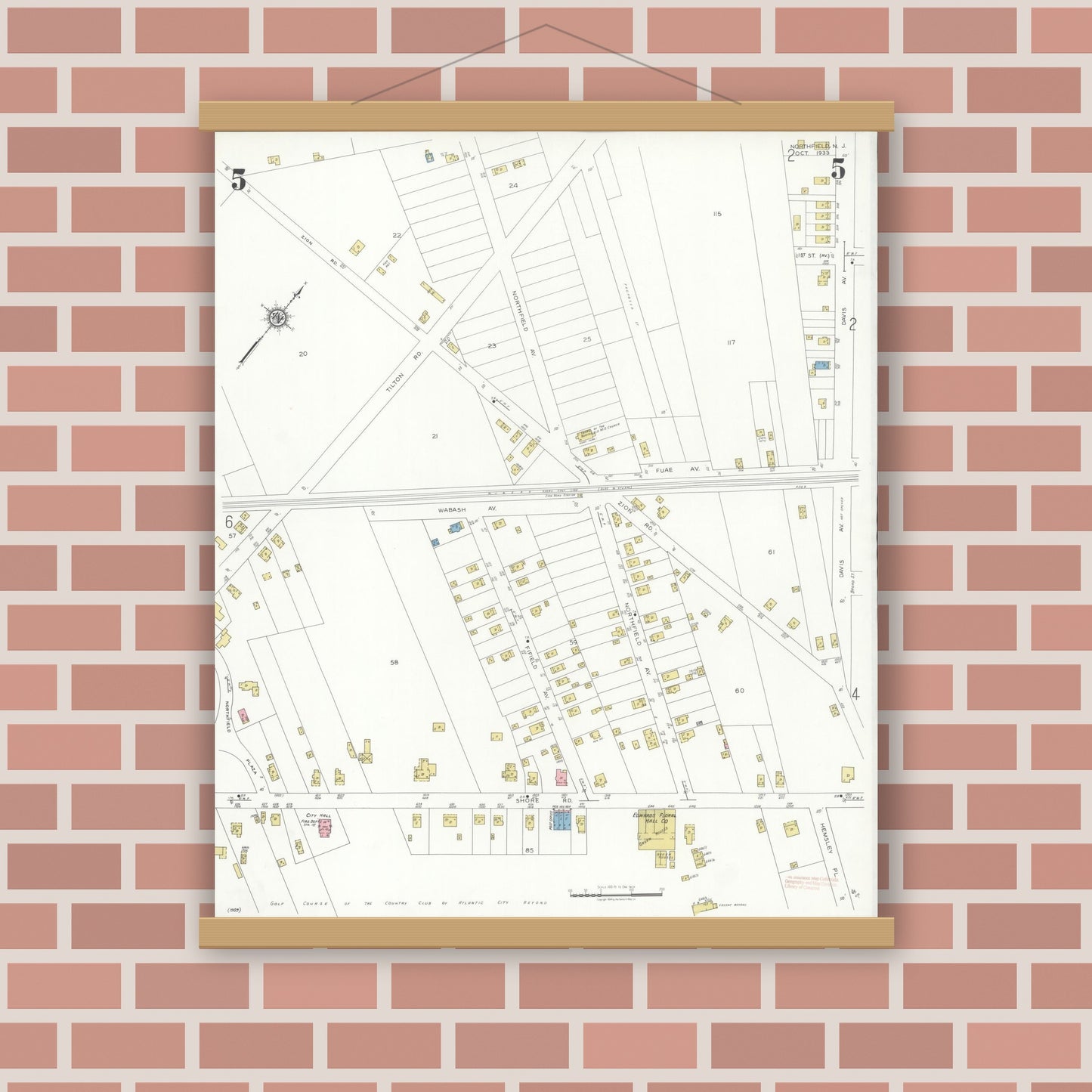 Old map wall art mockup — magnetic wood frame on brick wall — Sanborn Fire Insurance Map from Northfield, Atlantic County, New Jersey (1933), Sheet #0005