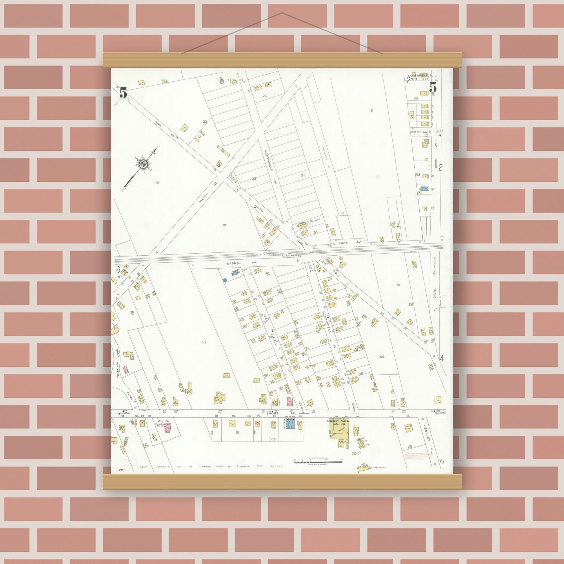 Old map wall art mockup — magnetic wood frame on brick wall — Sanborn Fire Insurance Map from Northfield, Atlantic County, New Jersey (1933), Sheet #0005