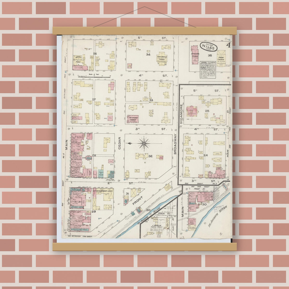 Old map wall art mockup — magnetic wood frame on brick wall — Sanborn Fire Insurance Map from Niles, Berrien County, Michigan (1884), Sheet #0004