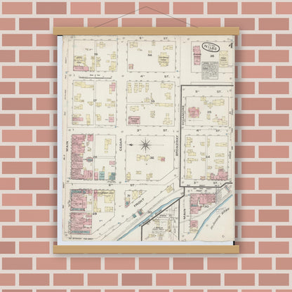 Old map wall art mockup — magnetic wood frame on brick wall — Sanborn Fire Insurance Map from Niles, Berrien County, Michigan (1884), Sheet #0004