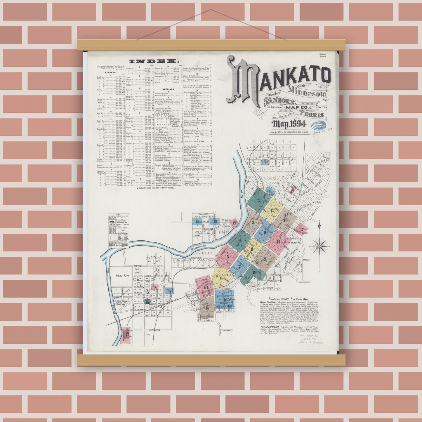 Old map wall art mockup — magnetic wood frame on brick wall — Sanborn Fire Insurance Map from Mankato, Blue Earth County, Minnesota (1894) - Complete Map Set