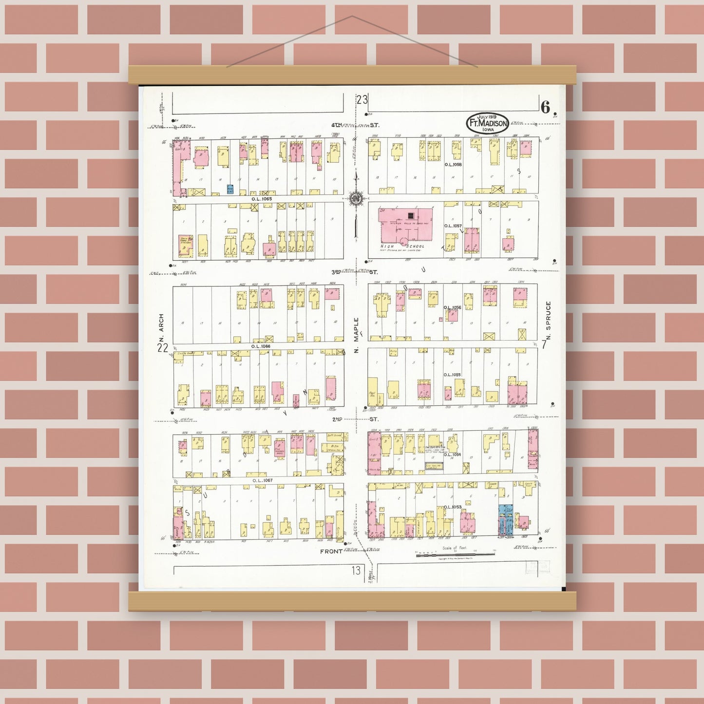 Old map wall art mockup — magnetic wood frame on brick wall — Sanborn Fire Insurance Map from Fort Madison, Lee County, Iowa (1919), Sheet #0006
