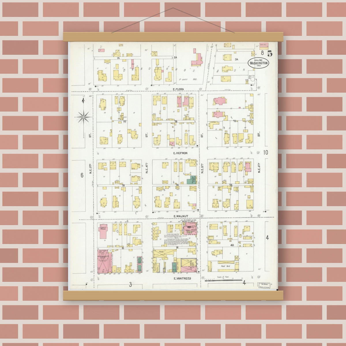 Old map wall art mockup — magnetic wood frame on brick wall — Sanborn Fire Insurance Map from Washington, Daviess County, Indiana (1902), Sheet #0005