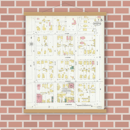 Old map wall art mockup — magnetic wood frame on brick wall — Sanborn Fire Insurance Map from Washington, Daviess County, Indiana (1902), Sheet #0005