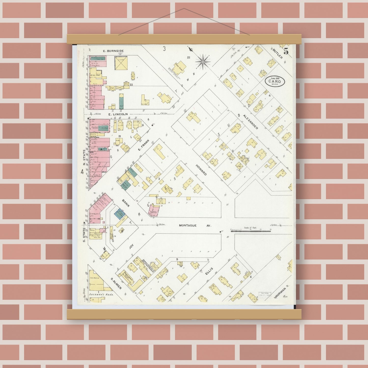 Old map wall art mockup — magnetic wood frame on brick wall — Sanborn Fire Insurance Map from Caro, Tuscola County, Michigan (1909), Sheet #0005