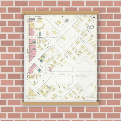 Old map wall art mockup — magnetic wood frame on brick wall — Sanborn Fire Insurance Map from Caro, Tuscola County, Michigan (1909), Sheet #0005