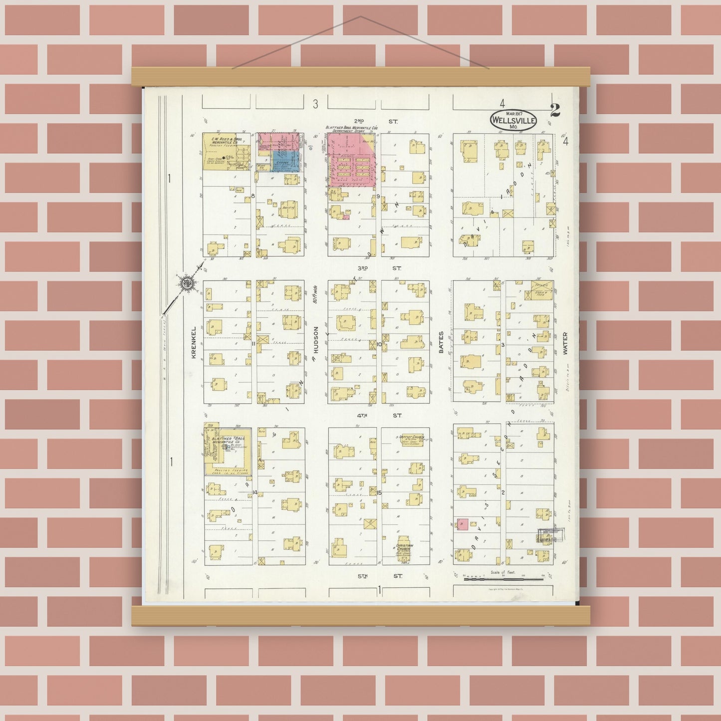Old map wall art mockup — magnetic wood frame on brick wall — Sanborn Fire Insurance Map from Wellsville, Montgomery County, Missouri (1917), Sheet #0002