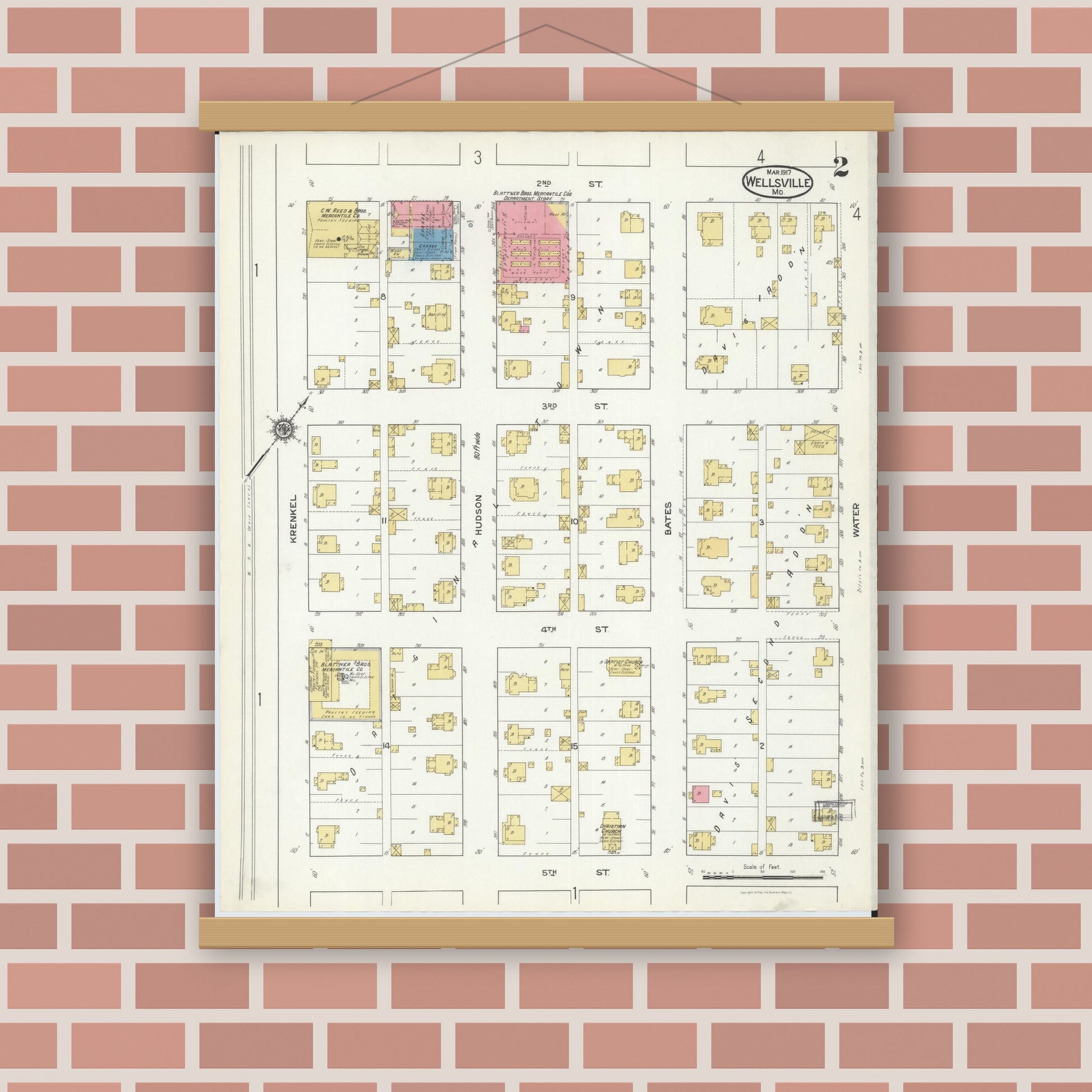 Old map wall art mockup — magnetic wood frame on brick wall — Sanborn Fire Insurance Map from Wellsville, Montgomery County, Missouri (1917), Sheet #0002