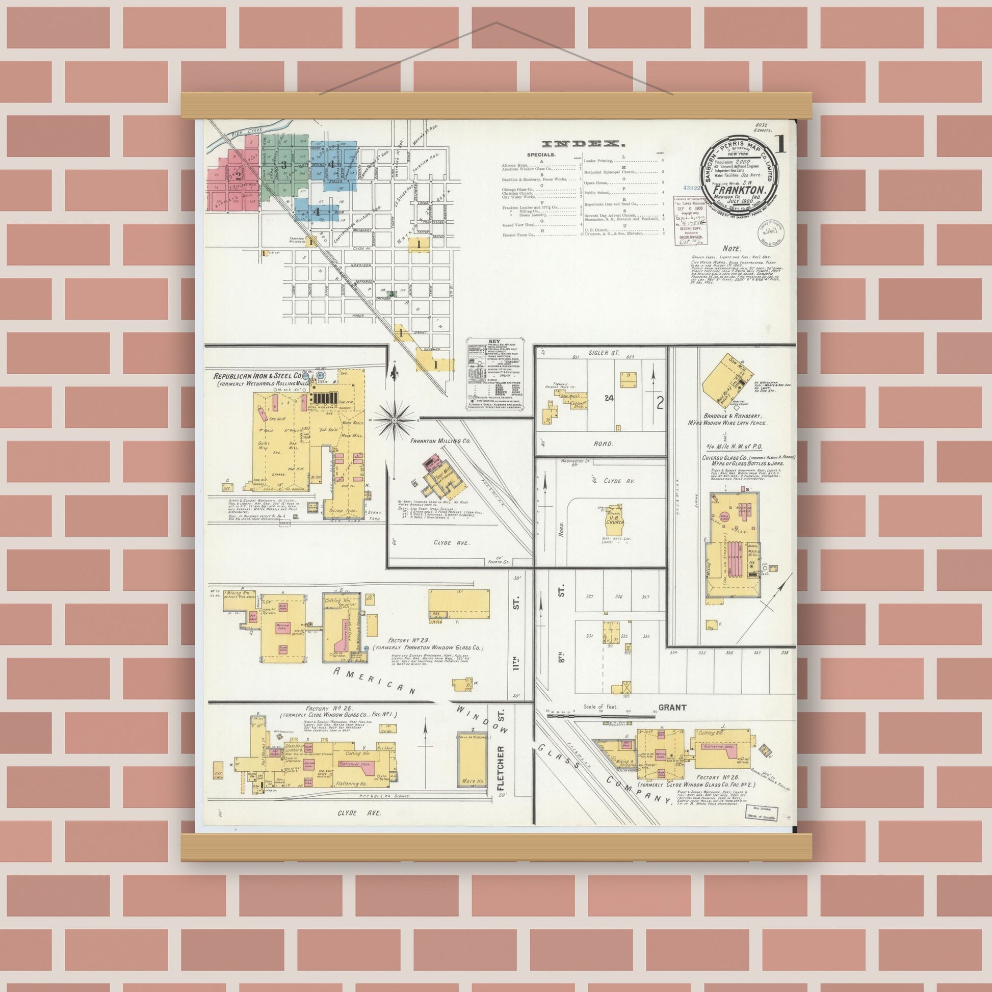 Old map wall art mockup — magnetic wood frame on brick wall — Sanborn Fire Insurance Map from Frankton, Madison County, Indiana (1900), Sheet #0001