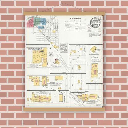 Old map wall art mockup — magnetic wood frame on brick wall — Sanborn Fire Insurance Map from Frankton, Madison County, Indiana (1900), Sheet #0001