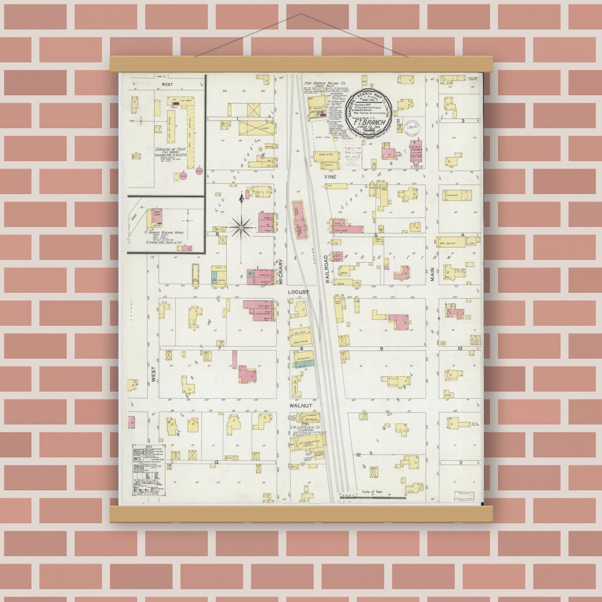 Old map wall art mockup — magnetic wood frame on brick wall — Sanborn Fire Insurance Map from Fort Branch, Gibson County, Indiana (1900), Sheet #0001