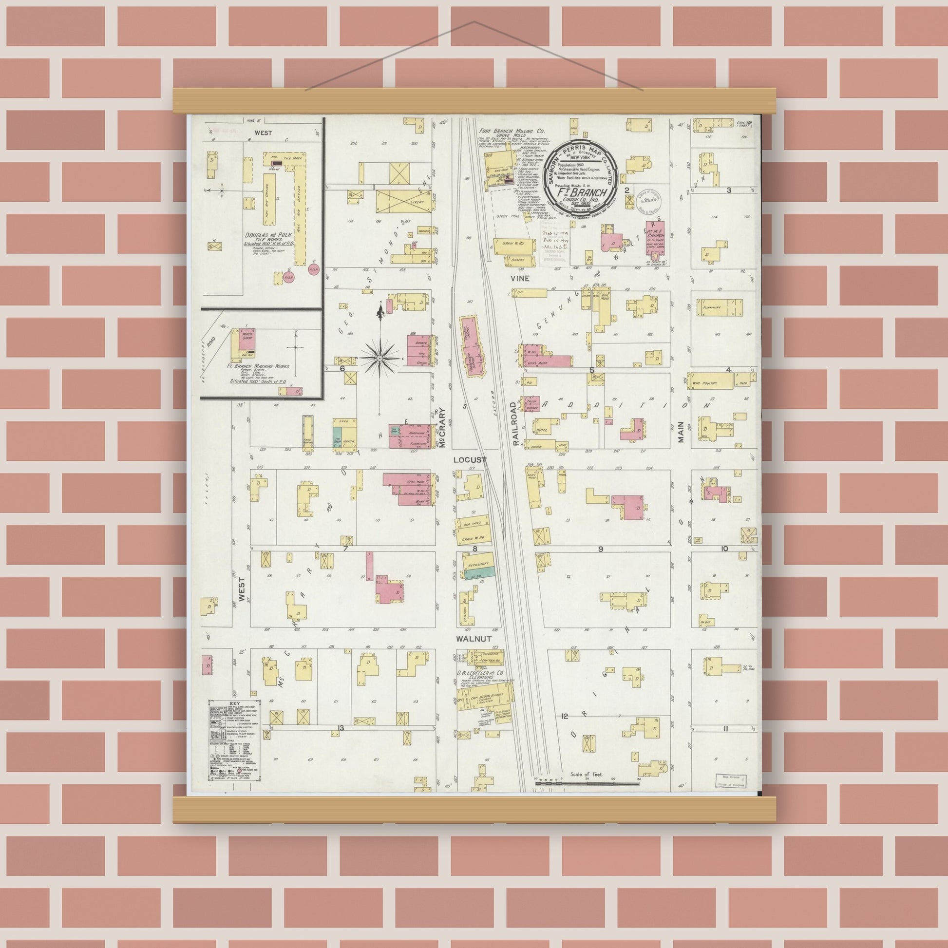 Old map wall art mockup — magnetic wood frame on brick wall — Sanborn Fire Insurance Map from Fort Branch, Gibson County, Indiana (1900), Sheet #0001