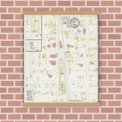 Old map wall art mockup — magnetic wood frame on brick wall — Sanborn Fire Insurance Map from Fort Branch, Gibson County, Indiana (1900), Sheet #0001