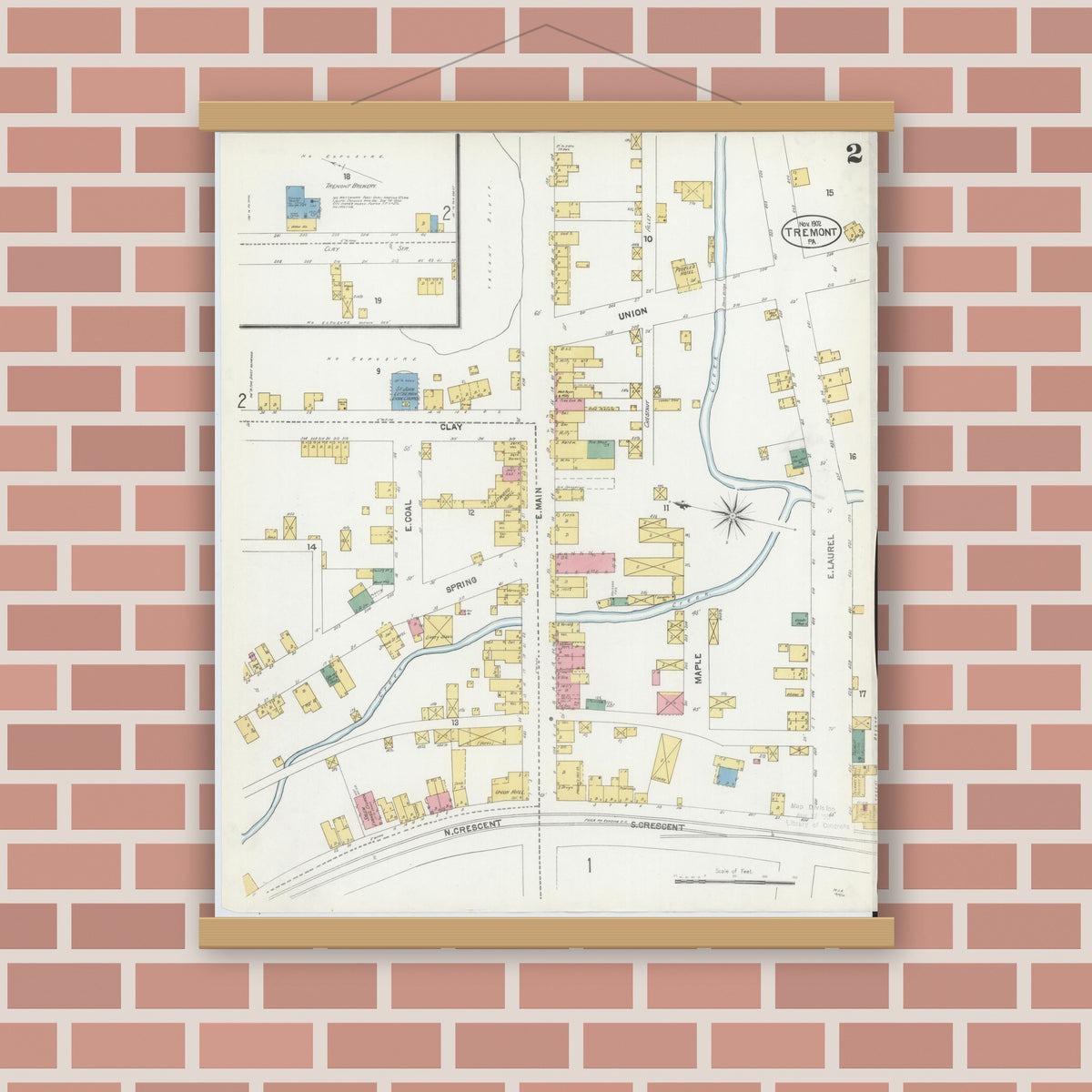Old map wall art mockup — magnetic wood frame on brick wall — Sanborn Fire Insurance Map from Tremont, Schuylkill County, Pennsylvania (1902), Sheet #0002