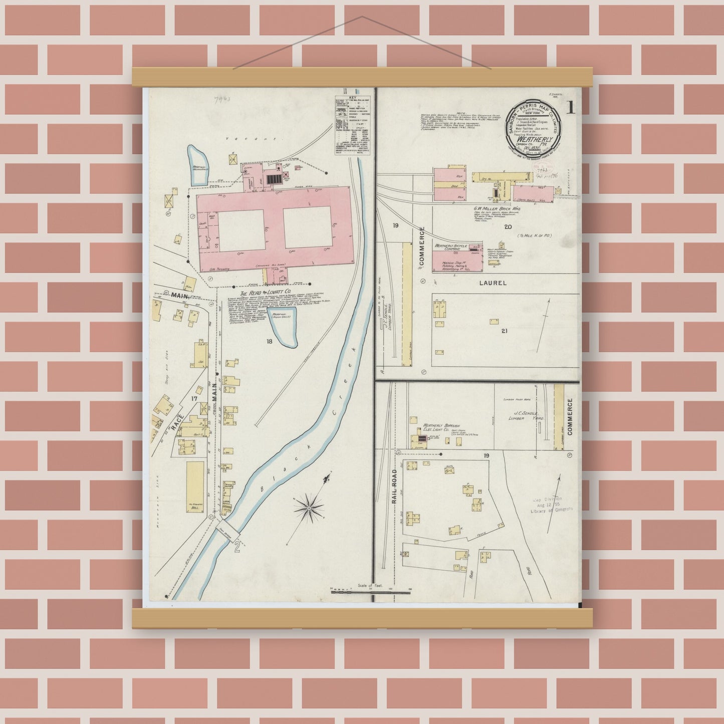 Old map wall art mockup — magnetic wood frame on brick wall — Sanborn Fire Insurance Map from Weatherly, Carbon County, Pennsylvania (1895) - Complete Map Set