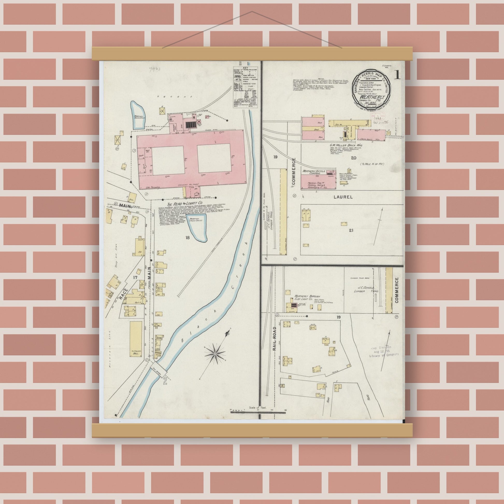 Old map wall art mockup — magnetic wood frame on brick wall — Sanborn Fire Insurance Map from Weatherly, Carbon County, Pennsylvania (1895) - Complete Map Set