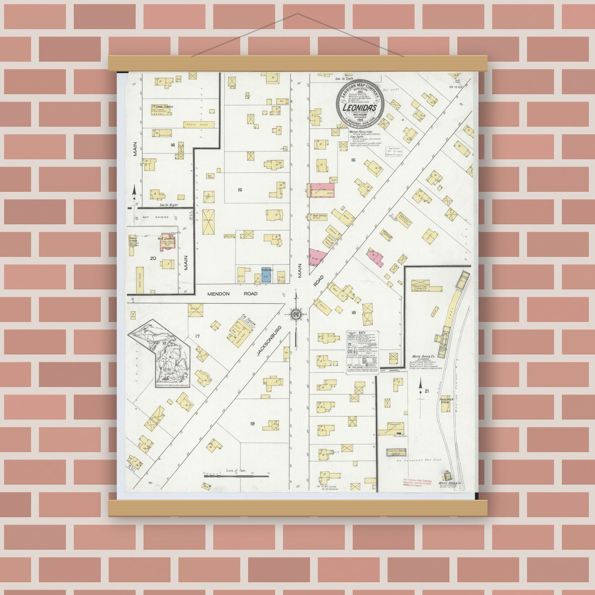 Old map wall art mockup — magnetic wood frame on brick wall — Sanborn Fire Insurance Map from Leonidas, Saint Joseph County, Michigan (1916), Sheet #0001