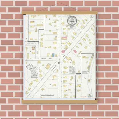 Old map wall art mockup — magnetic wood frame on brick wall — Sanborn Fire Insurance Map from Leonidas, Saint Joseph County, Michigan (1916), Sheet #0001