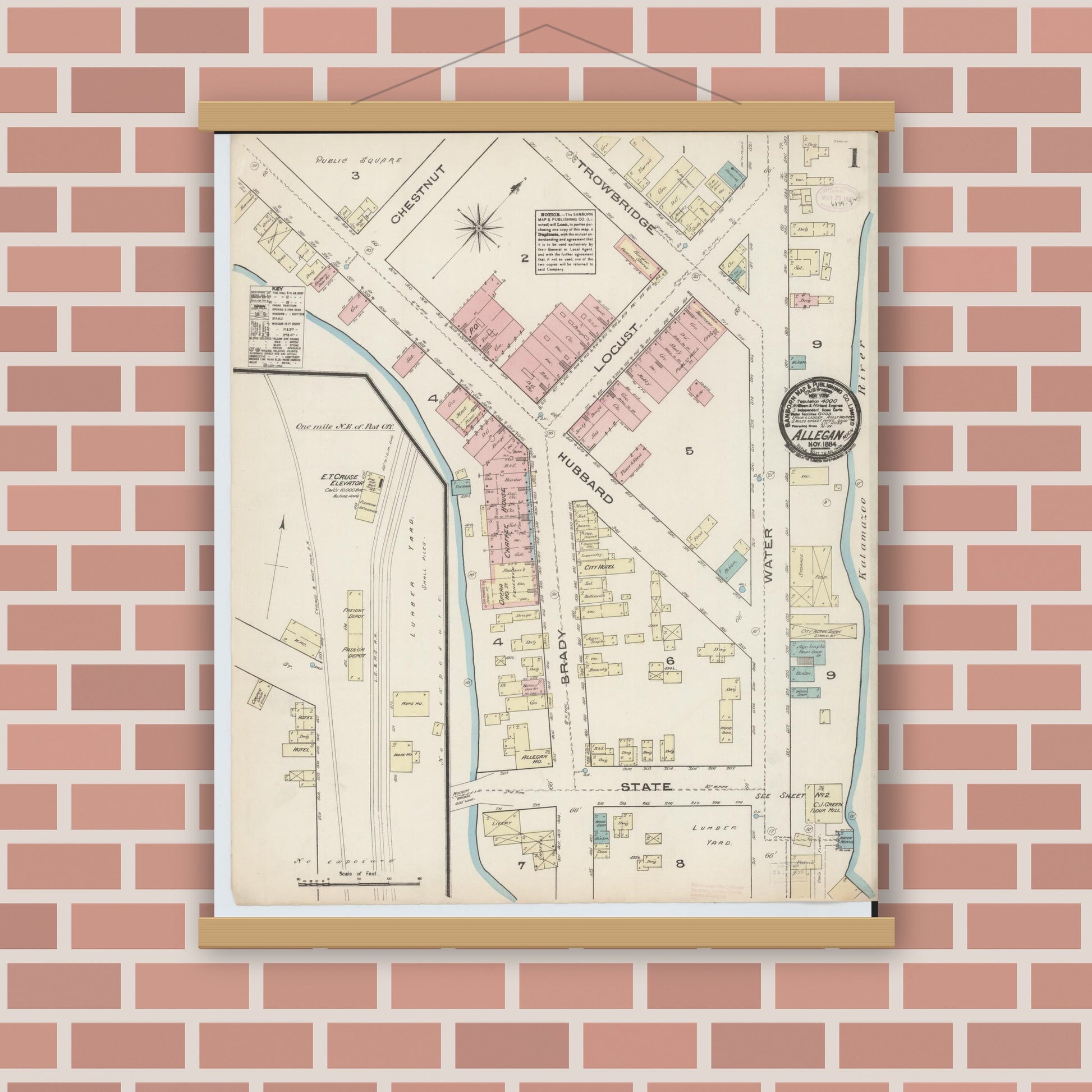 Old map wall art mockup — magnetic wood frame on brick wall — Sanborn Fire Insurance Map from Allegan, Allegan County, Michigan (1884) - Complete Map Set