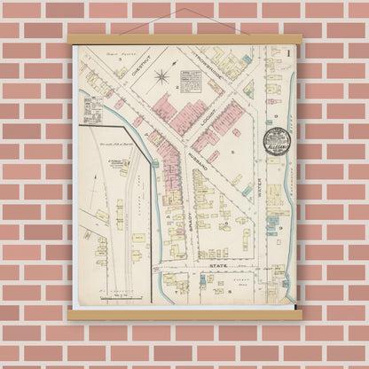 Old map wall art mockup — magnetic wood frame on brick wall — Sanborn Fire Insurance Map from Allegan, Allegan County, Michigan (1884) - Complete Map Set