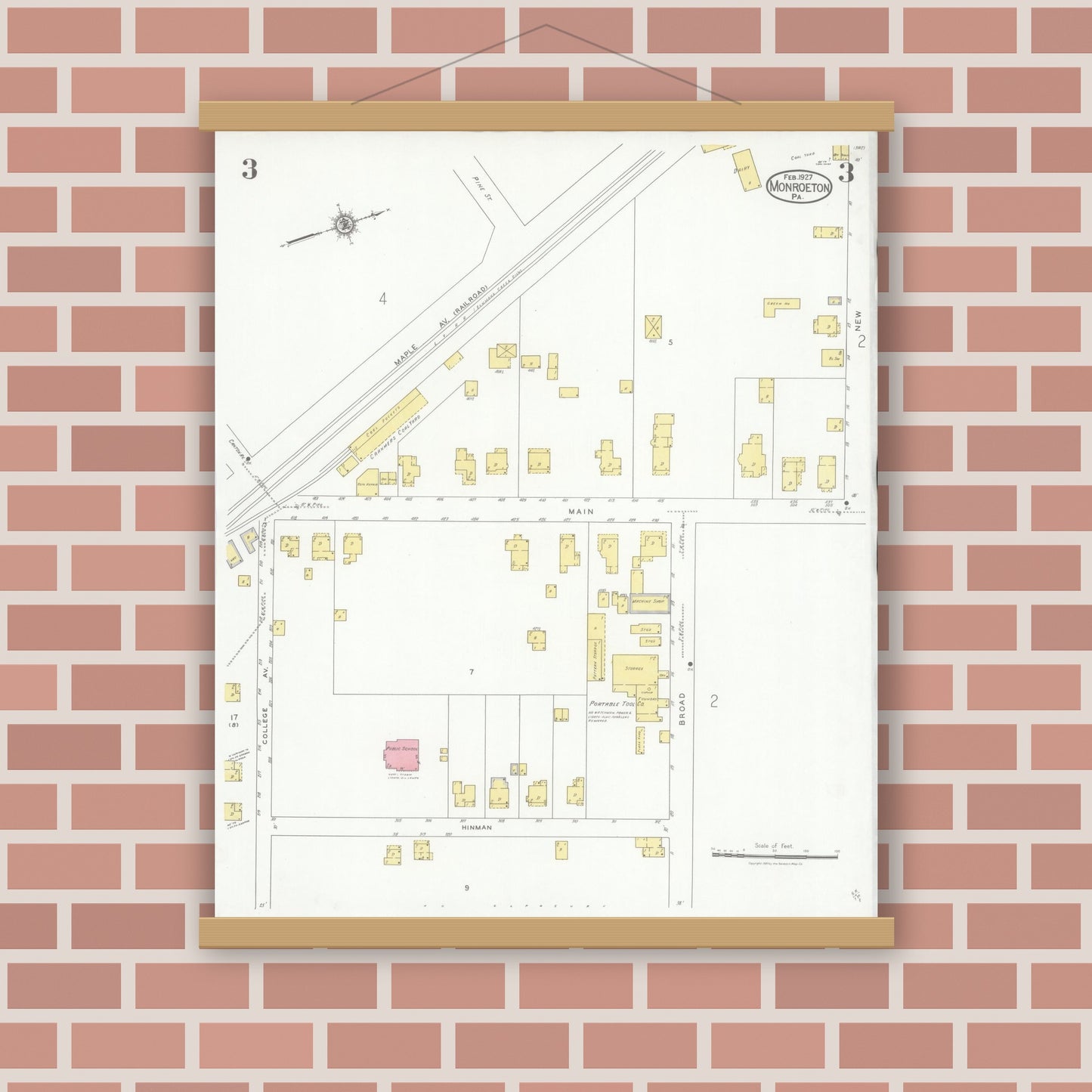 Old map wall art mockup — magnetic wood frame on brick wall — Sanborn Fire Insurance Map from Monroeton, Bradford County, Pennsylvania (1927), Sheet #0003