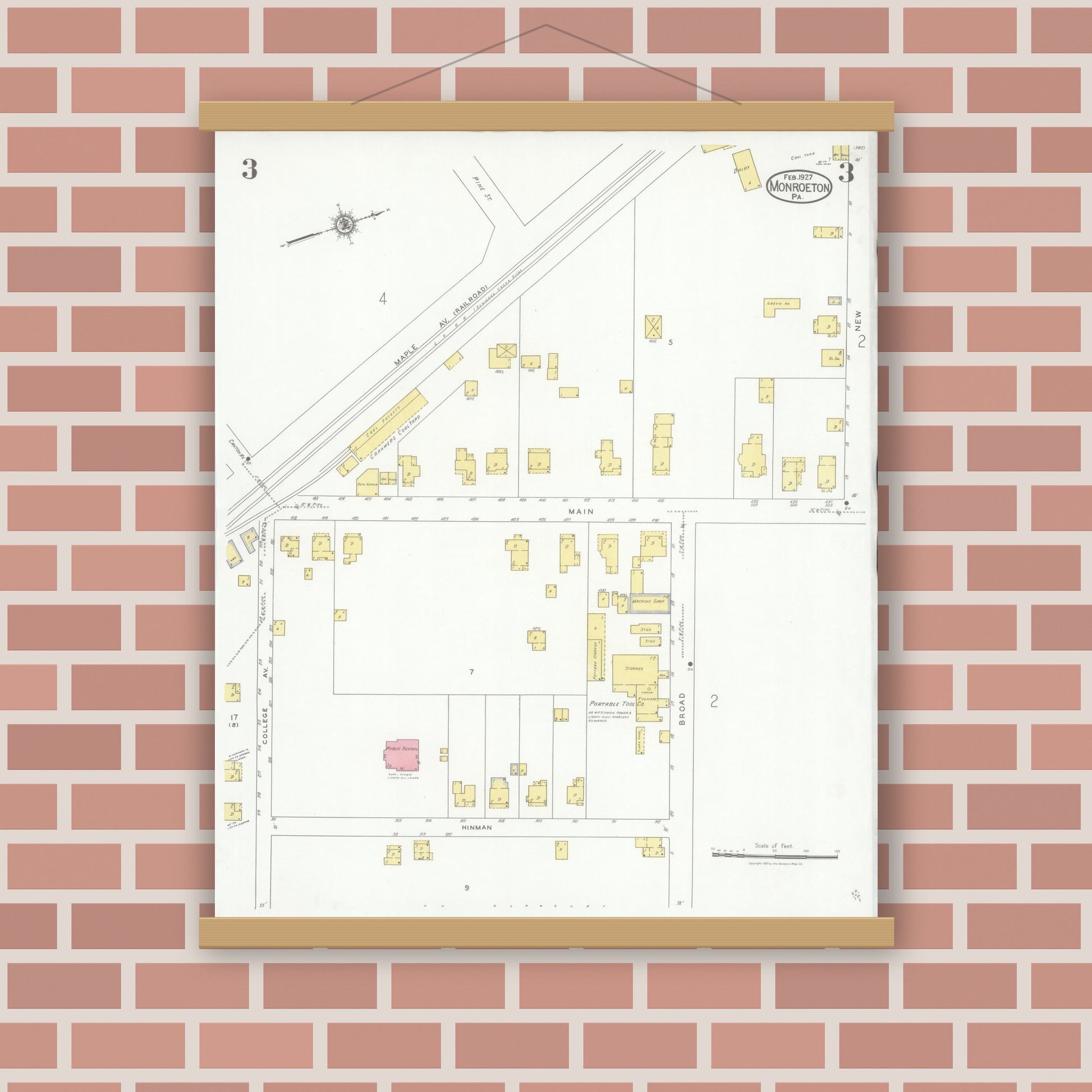 Old map wall art mockup — magnetic wood frame on brick wall — Sanborn Fire Insurance Map from Monroeton, Bradford County, Pennsylvania (1927), Sheet #0003