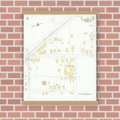 Old map wall art mockup — magnetic wood frame on brick wall — Sanborn Fire Insurance Map from Monroeton, Bradford County, Pennsylvania (1927), Sheet #0003