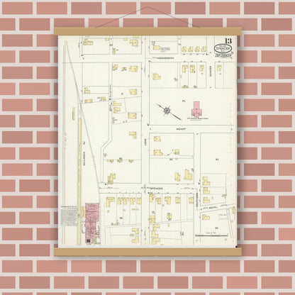Old map wall art mockup — magnetic wood frame on brick wall — Sanborn Fire Insurance Map from Spencer, Rowan County, North Carolina (1913), Sheet #0013