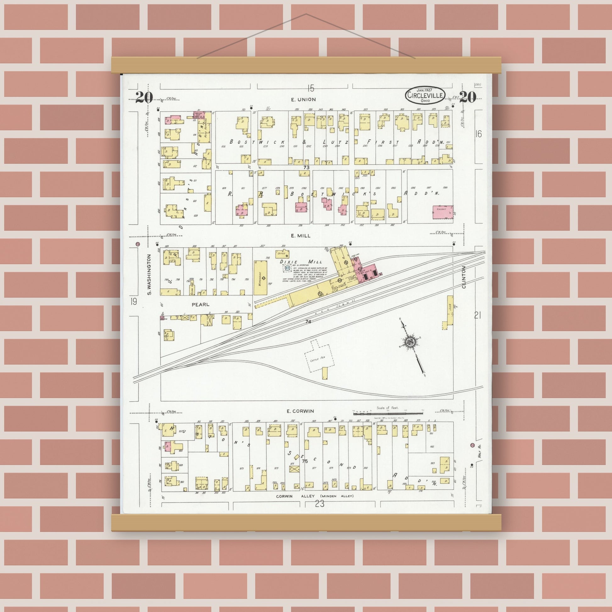 Old map wall art mockup — magnetic wood frame on brick wall — Sanborn Fire Insurance Map from Circleville, Pickaway County, Ohio (1927), Sheet #0020