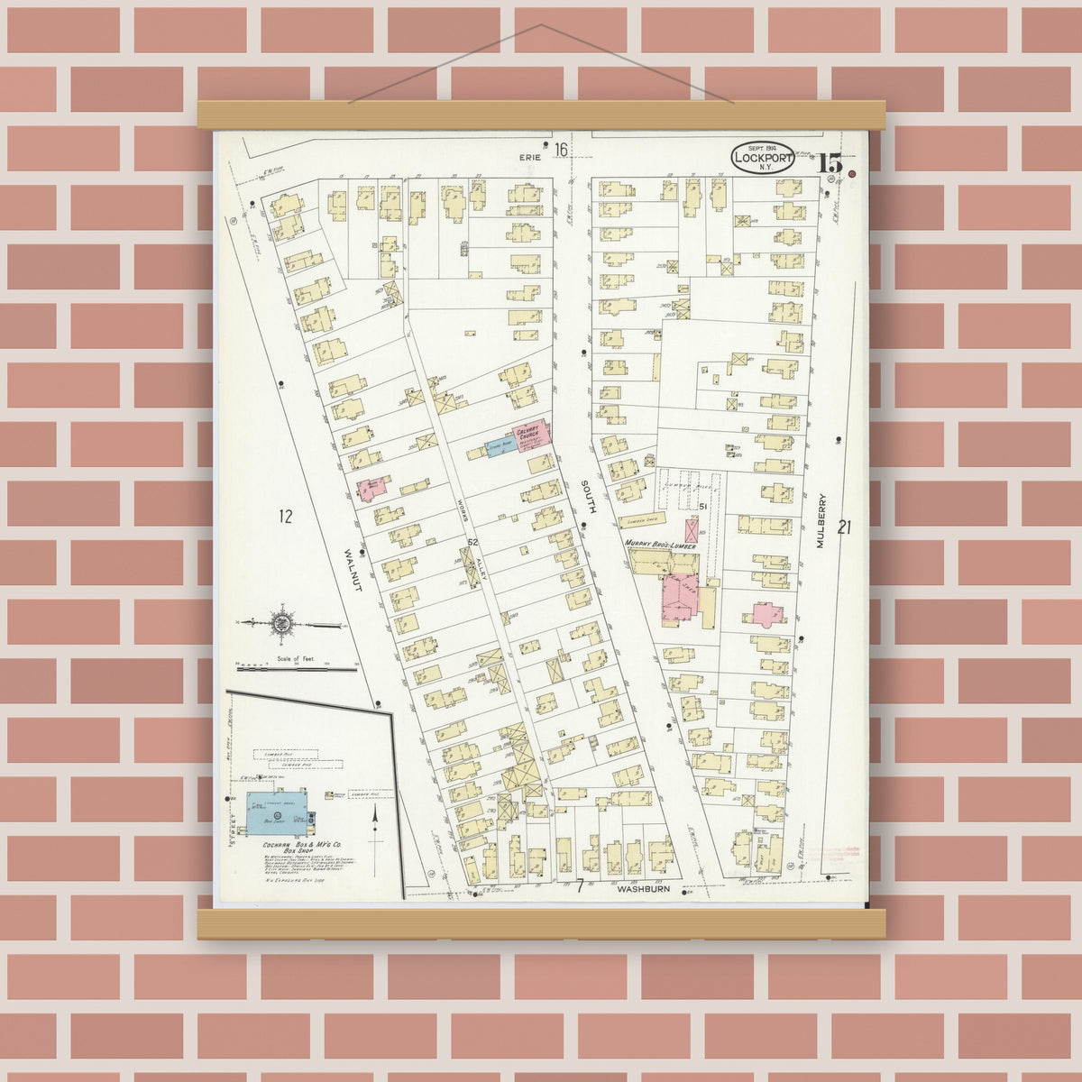 Old map wall art mockup — magnetic wood frame on brick wall — Sanborn Fire Insurance Map from Lockport, Niagara County, New York (1914), Sheet #0015