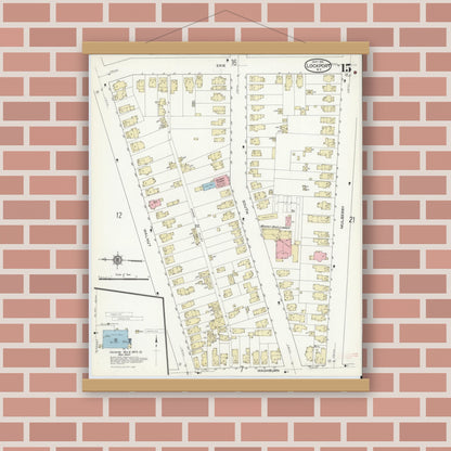 Old map wall art mockup — magnetic wood frame on brick wall — Sanborn Fire Insurance Map from Lockport, Niagara County, New York (1914), Sheet #0015