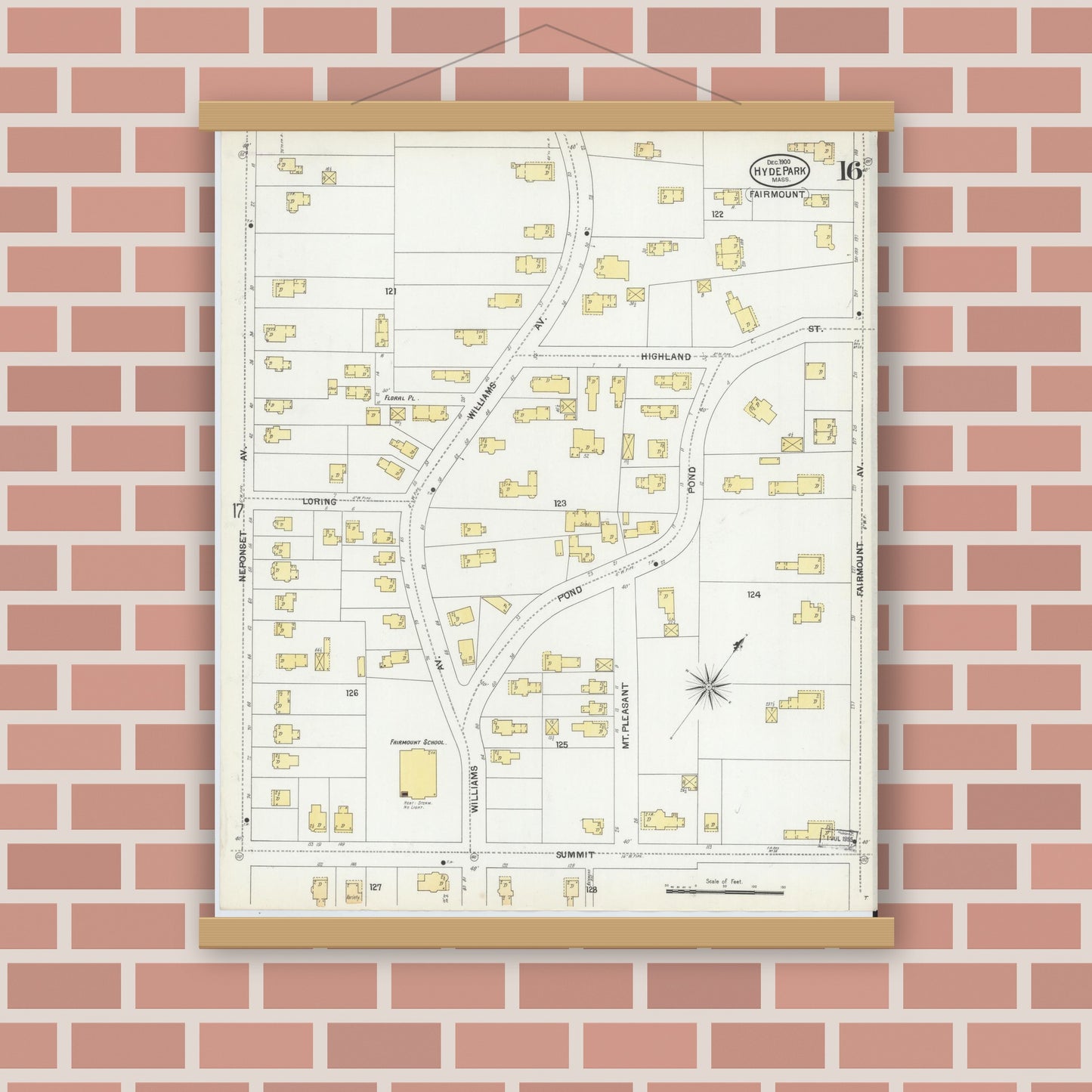 Old map wall art mockup — magnetic wood frame on brick wall — Sanborn Fire Insurance Map from Hyde Park, Norfolk County, Massachusetts (1900), Sheet #0016