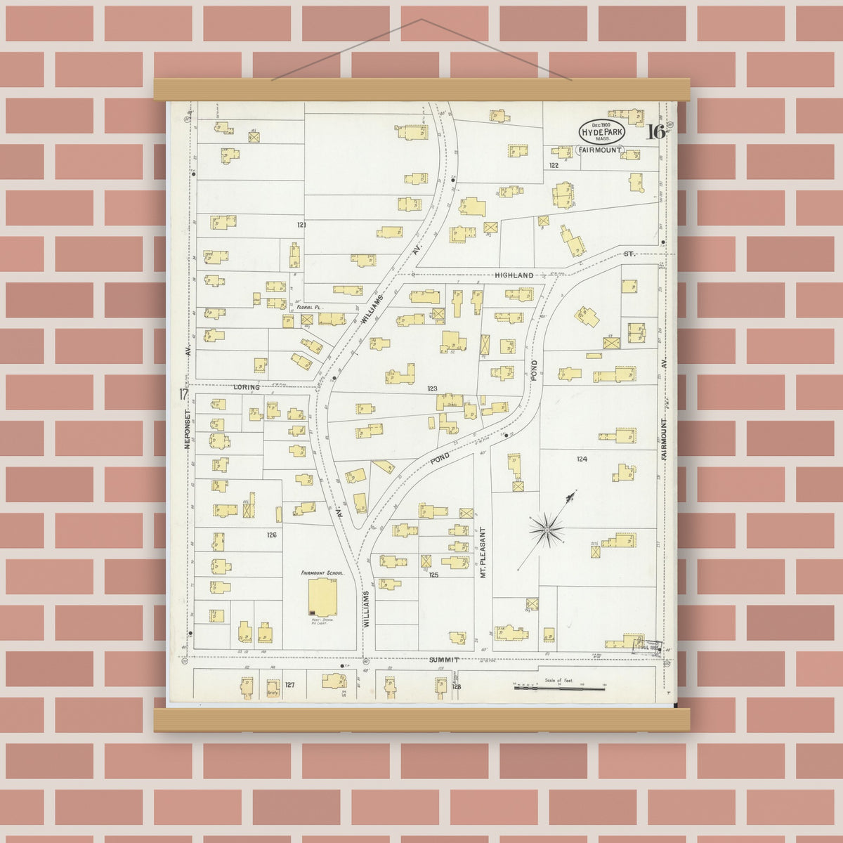 Old map wall art mockup — magnetic wood frame on brick wall — Sanborn Fire Insurance Map from Hyde Park, Norfolk County, Massachusetts (1900), Sheet #0016