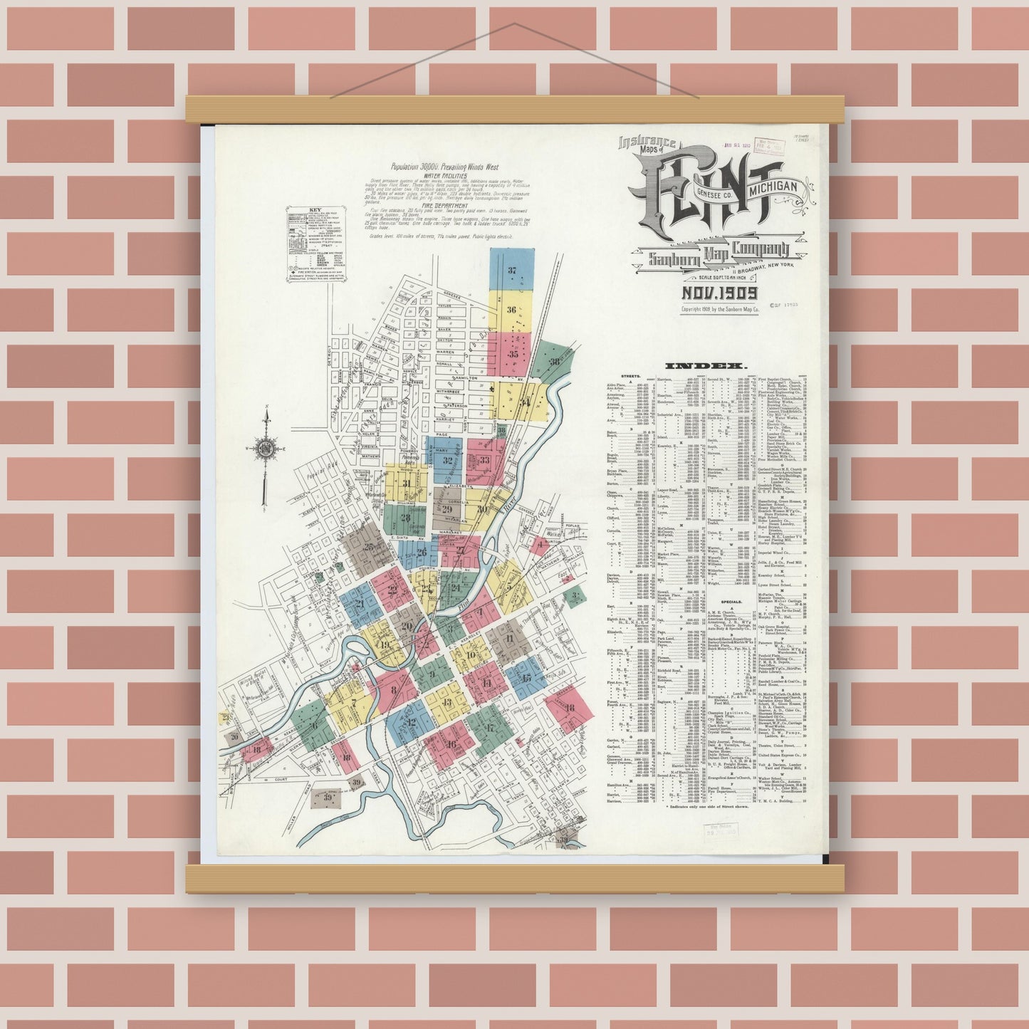 Old map wall art mockup — magnetic wood frame on brick wall — Sanborn Fire Insurance Map from Flint, Genesee County, Michigan (1909) - Complete Map Set