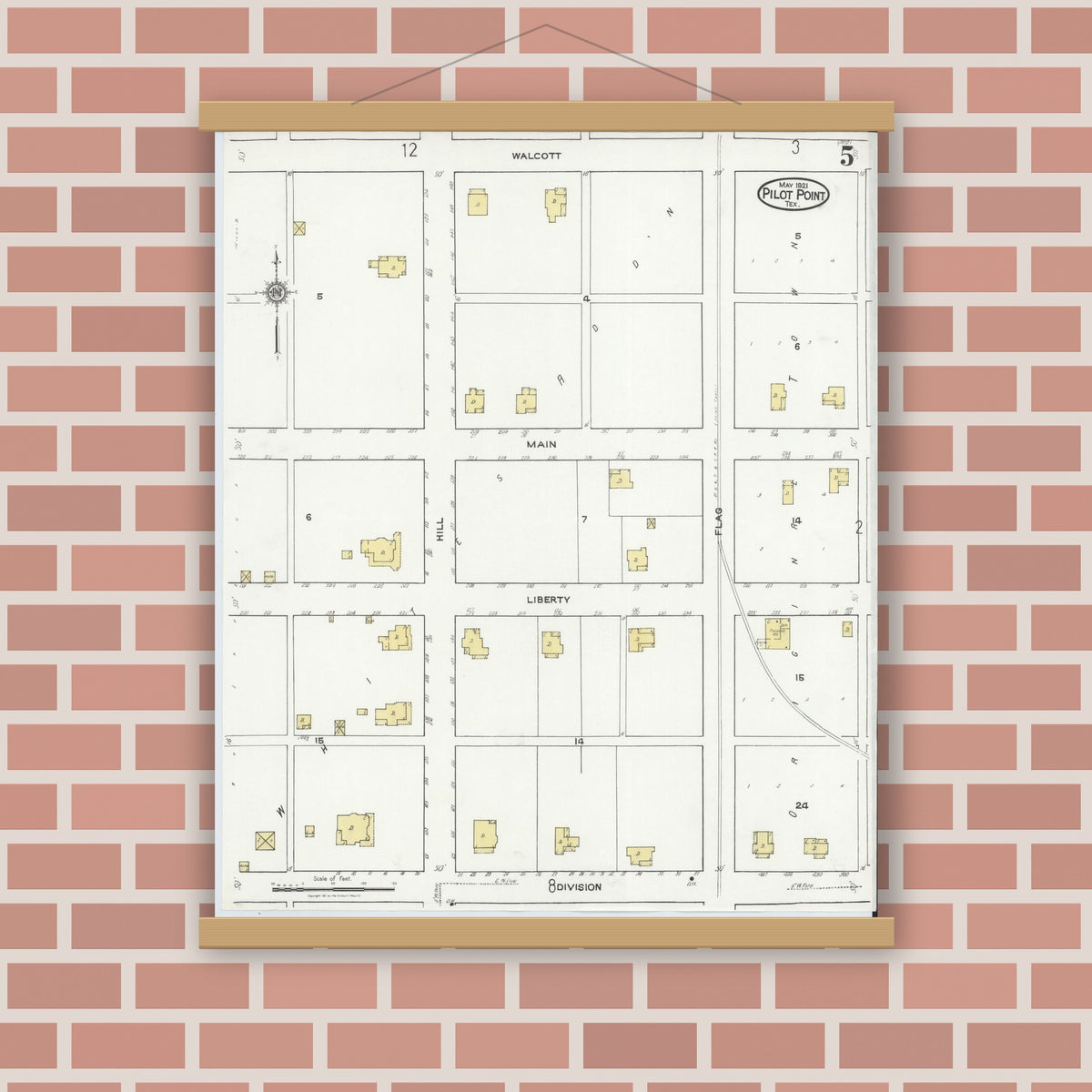 Old map wall art mockup — magnetic wood frame on brick wall — Sanborn Fire Insurance Map from Pilot Point, Denton County, Texas (1921), Sheet #0005