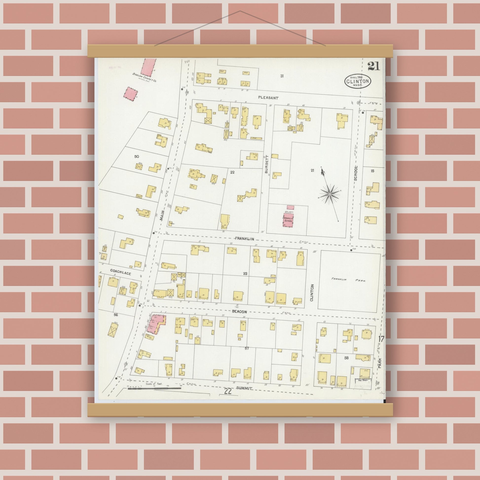Old map wall art mockup — magnetic wood frame on brick wall — Sanborn Fire Insurance Map from Clinton, Worcester County, Massachusetts (1904), Sheet #0021