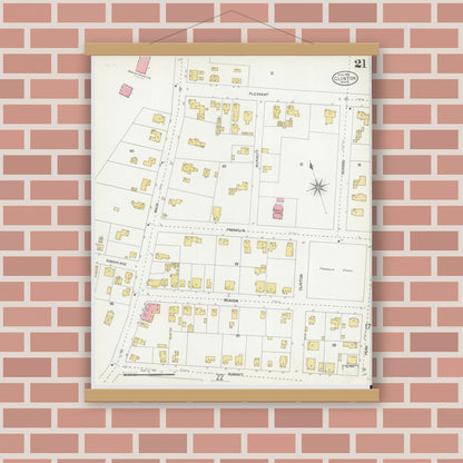 Old map wall art mockup — magnetic wood frame on brick wall — Sanborn Fire Insurance Map from Clinton, Worcester County, Massachusetts (1904), Sheet #0021
