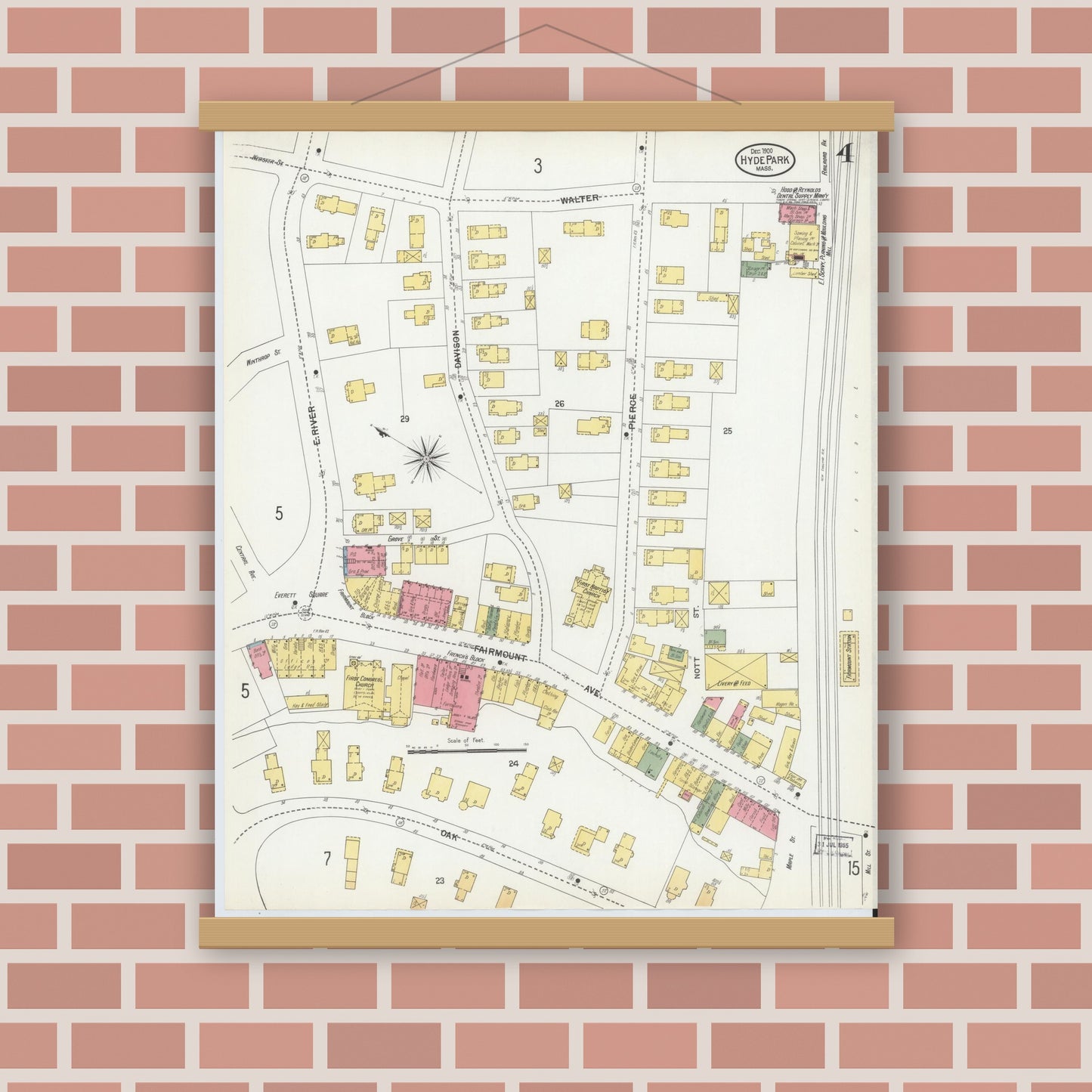 Old map wall art mockup — magnetic wood frame on brick wall — Sanborn Fire Insurance Map from Hyde Park, Norfolk County, Massachusetts (1900), Sheet #0004