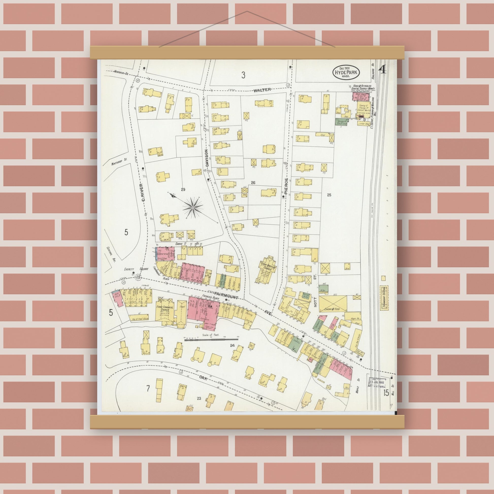 Old map wall art mockup — magnetic wood frame on brick wall — Sanborn Fire Insurance Map from Hyde Park, Norfolk County, Massachusetts (1900), Sheet #0004
