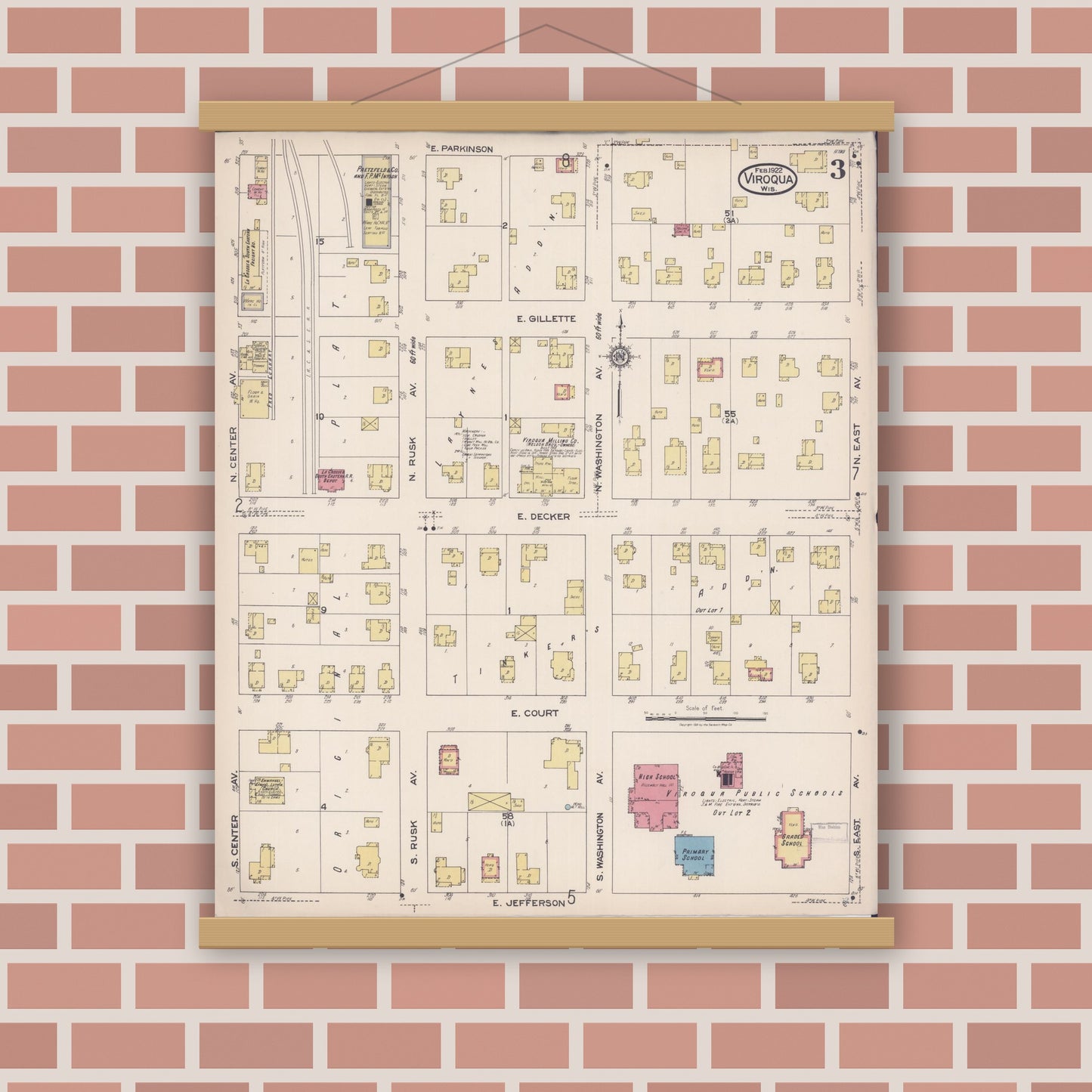 Old map wall art mockup — magnetic wood frame on brick wall — Sanborn Fire Insurance Map from Viroqua, Vernon County, Wisconsin (1922), Sheet #0003