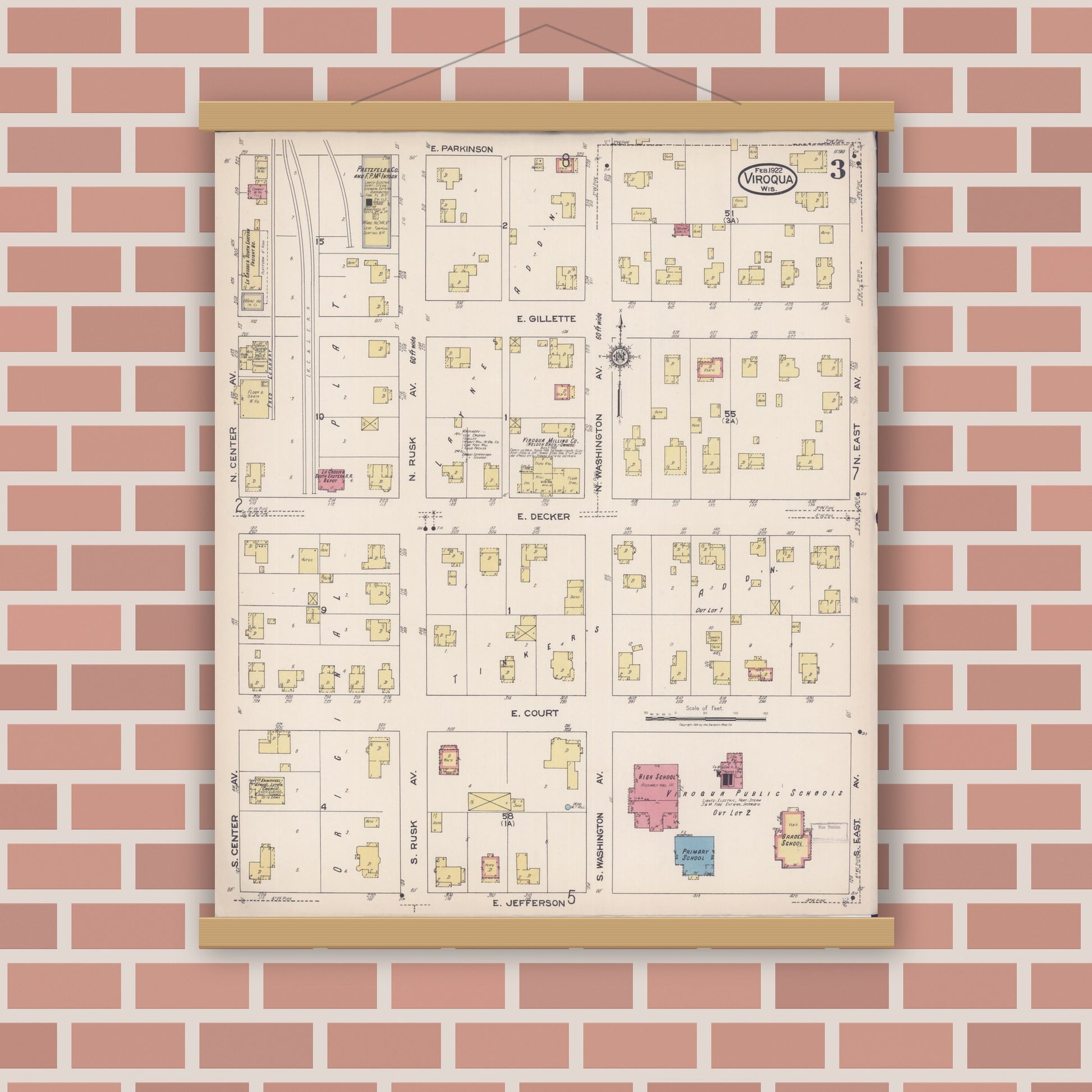 Old map wall art mockup — magnetic wood frame on brick wall — Sanborn Fire Insurance Map from Viroqua, Vernon County, Wisconsin (1922), Sheet #0003